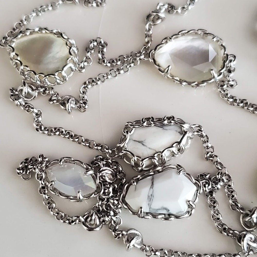 Kendra Scott Silver Plate Station Necklace White Howlite Mother of Pearl Long - Picture 5 of 7